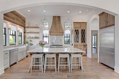 Old Seagrove Homes Farmhouse Kitchen, 20 Farmhouse Kitchens via A Blissful Nest Kitchen With 2 Sinks, Stove Vent, Builder Grade Kitchen, Best Kitchen Lighting, Transitional Farmhouse, 7 Elements, Wood Tiles, Best Farmhouse, Farmhouse Kitchens