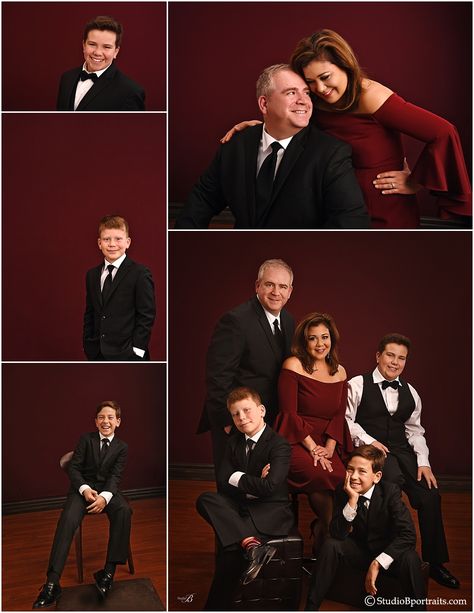 Black Tie and Burgundy for Formal Holiday Family Portraits Family Photos Outfits Black, Family Photos Outfits, Family Christmas Pictures Outfits, Holiday Family Photos, Family Photo Studio, Studio Family Portraits, Christmas Family Photoshoot, Family Studio Photography, Family Photoshoot Poses