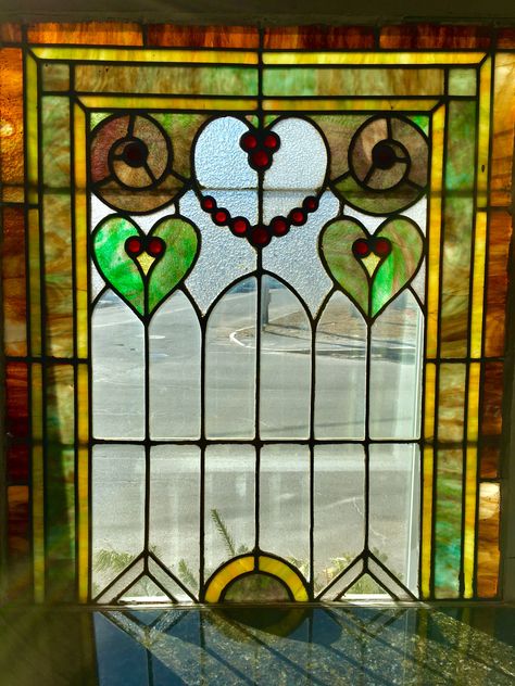 Antique stained glass window with hearts and jewels. Upper and lower sash available Antique Stain, Stained Glass Panels, Stained Glass Window, Stained Glass Windows, Glass Panels, Glass Window, Stained Glass, Stain, Glass