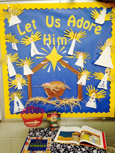 Christian Preschool Christmas Bulletin Board, Jesus Is The Reason For The Season Bulletin Board, Oh Come Let Us Adore Him Bulletin Board, Nativity Door Decorations For School, Nativity Bulletin Board Preschool, Christmas Bulliten Boards Preschool, Manger Bulletin Board, Christian Preschool Door Ideas, Catholic Christmas Bulletin Boards