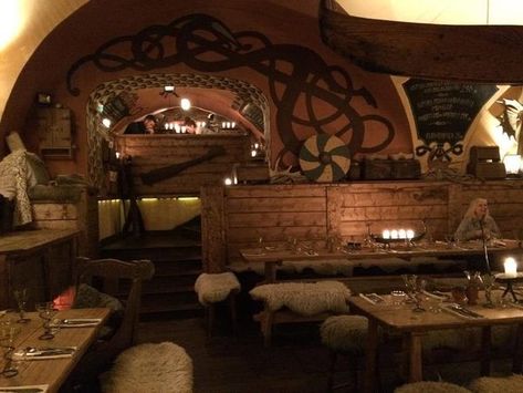 Dine on food tied to Viking history and legend at this subterranean Stockholm spot. Viking Interior Design, Viking House Interiors, Viking Decor Interior Design, Viking Restaurant, Viking Hall, Viking Home Decor, Gastro Obscura, Dark Basement, Viking House