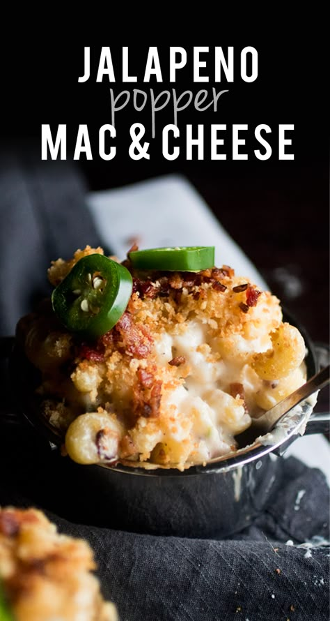 Jalapeño Popper Mac and Cheese | Put a twist on a classic jalapeño popper appetizer with this easy but gourmet jalapeño macaroni and cheese! Homemade macaroni and cheese recipe with creamy white cheddar cheese sauce, bacon, jalapeño slices, and bread crumbs. Baked casserole style or great on its own as a stovetop recipe. A loaded mac and cheese with a kick from jalapeños and baked in the oven. Popper Appetizer, Jalapeno Popper Mac And Cheese, Mac Cheese Recipes, Macaroni N Cheese Recipe, Jalapeno Popper, Mac N Cheese Recipe, Macaroni Cheese, Cheese Recipe, Jalapeno Poppers