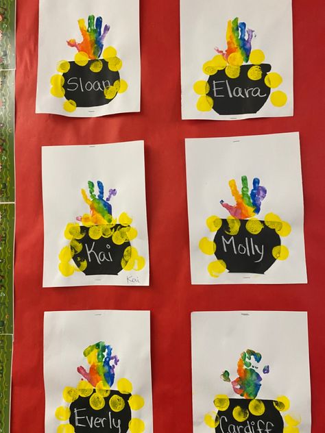 Pots Of Gold Craft, Pot Of Gold Craft For Toddlers, Handprint Rainbow With Pot Of Gold, Rainbow Pot Of Gold, Pot Of Gold At The End Of The Rainbow, Saint Patricks Day Art, Sponge Painting, Quick Crafts, Spring Preschool