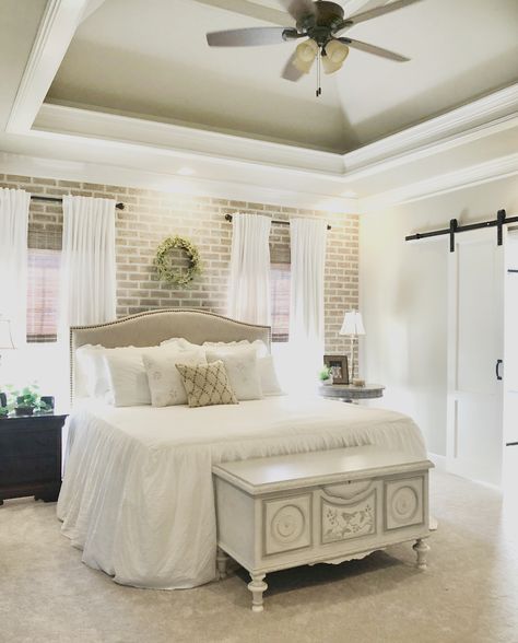 Brick Accent Wall Bedroom, Brick Bedroom Wall, Nuetral Bedroom, Bedroom Brick Wall, Fake Brick Wall, Brick Wall Bedroom, Reverse Decoupage, Diy Faux Brick Wall, Wall Behind Bed