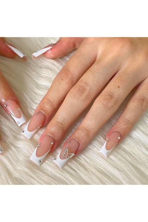 24Pcs Long Press on Nails Square French Tip Fake Nails with Butterfly Charms and Rhinestones Design Full Cover Coffin Shaped False Nails Acrylic Stick on Nails for Women Nails Decorations Glossy Manicure, Natural Nail Tips, Press On Nails Square, Manicure Glue, Nails Inspiration Classy, Fake Nails White, Nails Inspiration Spring, Square French, Square Press On Nails