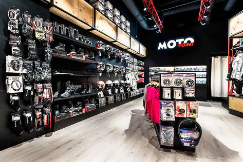 Motorcycle Showroom Interior, Motorcycle Showroom Design, Car Audio Shops, Red And Black Aesthetic, Aesthetic Project, Garage Design Interior, Motorcycle Store, Helmet Shop, Garage Workshop Organization