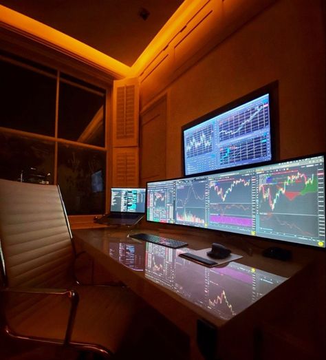 Trading Aesthetic, Trading Desk, Gaming Room Setup, Bitcoin Wallet, Day Trader, Pc Setup, Game Room Design, Home Office Setup, Office Setup