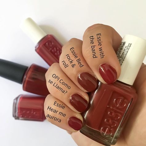 Me on Instagram: “‘Bed rock & roll’ by Essie from the #essierockyrose collection is a browny dark brick red and it’s my favorite from the collection! I…” Brick Nail Color, Essie Bedrock And Roll, Opi Autumn Colours, Bed Rock And Roll Essie, Essie Autumn Nails, Essie Fall 2024, Brick Color Nails, Muted Red Nails, Spooktober 2024