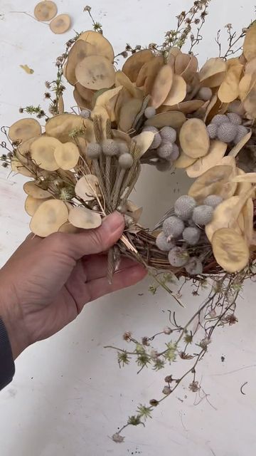 Dried Flowers + Foliage ✿ on Instagram: "This is how I make all my lunaria wreaths. I think the key is to fix/cover up what needed to be at the end with some glue! Hope this is helpful! #lunariawreath #lunaria #wreath #driedflowers #driedflorals #driedfoliage #everlastingflowers #driedflowerswedding #driedarrangements #driedbouquet #florist #floraldesigner #floristry #ilovelforists #fineartflorist #floraldecor #weddingflowers #design #interiordesign #homedecor #driedwedding" Lunaria Wreath, Dried Gomphrena Wreath, Natural Dried Flower Wreath, Minimal Dried Flower Wreath, Large Dried Flower Wreath, Dried Flowers Wedding, Everlasting Flowers, Dried Bouquet, Fix It