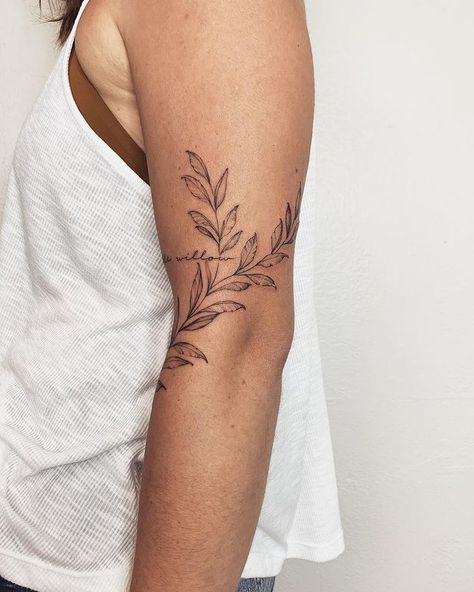 Leaf Vine Tattoo Around Arm, Daisy Tattoo Inner Bicep, Greenery Half Sleeve Tattoo, Fern Tattoo Wrap Around, Arm Wrap Around Tattoos For Women, Viney Floral Sleeve Tattoo, Willow Leaf Tattoo Arm, Upper Arm Wrap Tattoo, Leaf Band Tattoo