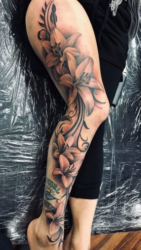 Women Leg Sleeve Tattoo Ideas Stencil, Full Leg Tattoos Women Sleeve Flowers, Thigh And Leg Tattoos Women, Leg Cover Up Tattoos For Women, Low Waist Tattoo, Flower Leg Tattoos Women, Best Leg Tattoos For Women, Full Leg Tattoos Women Sleeve, Full Leg Tattoo Female