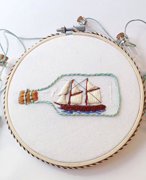 Hand Embroidery Inspiration Sailing Embroidery, Embroidery Icons, Hoop Crafts, Nautical Embroidery, Ship In A Bottle, Themed Home Decor, Cushion Embroidery, Clothes Embroidery Diy, Diy Embroidery Patterns