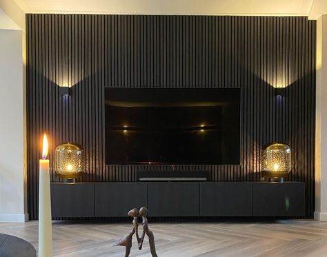 Black Wood Media Wall, Black Wooden Slats Tv Wall, Black Entertainment Wall, Tv Wall Black, Media Wall Design, Tv Unit Black, Modern Accent Wall, House Renovation Projects, Feature Wall Living Room