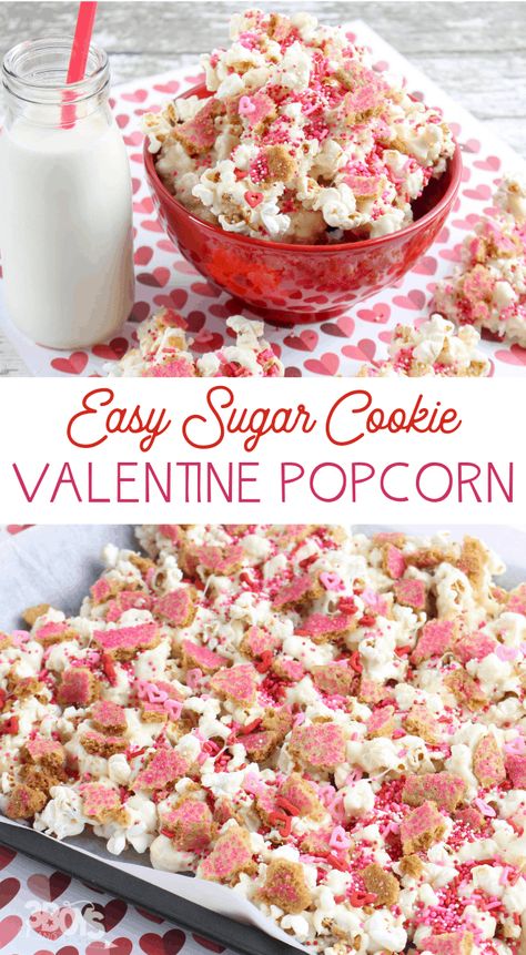 easy popcorn from valentine's sugar cookies Sugar Cookie Popcorn, Easy Popcorn, Lemon Biscuits, White Chocolate Popcorn, Cream Cheese Sugar Cookies, Sugar Cookie Cakes, Valentine Sugar Cookies, Yummy Sugar Cookies, Popcorn Snacks