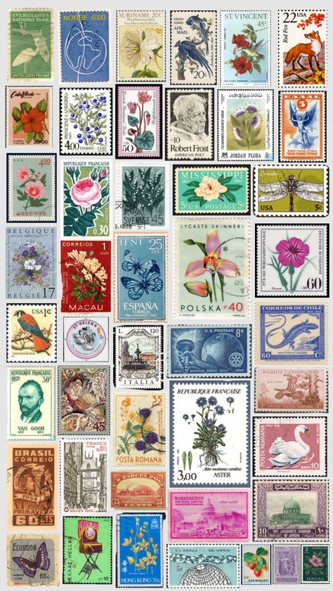 Vintage Postage Stamps Aesthetic, Aesthetic Stamp Stickers, Aesthetic Stamps Printable, Stamp Stickers Printable, Cute Postcard Aesthetic, Vintage Stamps Printable, Stickers For Sketchbook, Vintage Postcard Design, Vintage Postcard Aesthetic