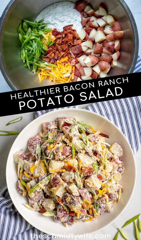 Easy to make ahead and so perfect for a summer side dish my Lightened Up Bacon Ranch Potato Salad is sure to delight. Packed with yummy ranch seasoning, yogurt, bacon, and cheddar cheese you won’t even notice that this potato salad has no mayo! Healthy Bacon Ranch Potato Salad | Healthy Potato Salad | Easy Potato Salad | No Mayo Potato Salad Ww Potato Salad, Family Reunion Lunch Ideas, High Protein Potato Salad, No Mayo Potato Salad, Ww 2023, Potato Salad No Mayo, Bacon Ranch Potato Salad, Potato Salad With Bacon, Loaded Potato Salad