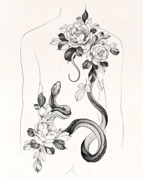 Flower And Snake Tattoo, Snake And Flowers, Snake Tattoo Ideas, Elk Tattoo, Cobra Tattoo, Tattoo Filler, Flower Tattoo Back, Snake Tattoo Design, Tattoo Style Drawings