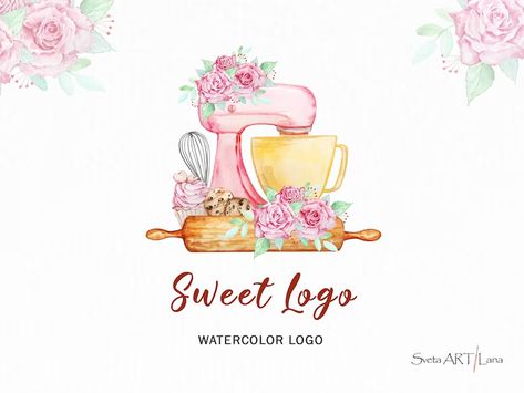 Premade Baking Logo Pink Mixer. Cake Logo Watercolor Bakery - Etsy Logo Pastry, Logo Dessert, Pastry Logo, Sweet Logo, Baking Logo Design, Cupcake Logo, Chef Logo, Baking Logo, Logo Clipart