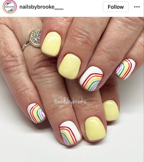 Magic School Bus Nails, Rainbow Pride Nail Art, Rainbow Nails Design Short, Pride Toe Nails Designs, Pride Gel Nails Short, Rainbow Gel Nails Short, Pride Short Nails, Art Teacher Nails, Rainbow Design Nails