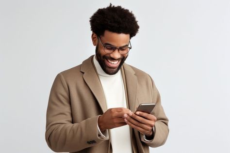 Smiling looking at his phone adult man white background. | premium image by rawpixel.com Man Holding Phone, Man Smile, Smile Images, Afro Men, Happy Man, Flyer Design Inspiration, Smiling Man, Business Man, Flyer Design