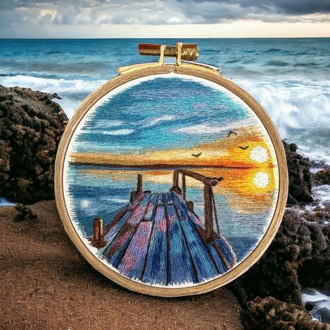 Tutku Embroidery Design (@tutkuembroidery) • Фото и видео в Instagram Paint And Embroidery Mixed Media, Embroidery Ocean, Sunset Embroidery, Beach Embroidery, Landscape Embroidery, Etsy Embroidery, Embroidered Gifts, Thread Art, Art Ocean