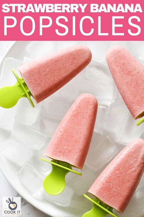 These healthy Strawberry Banana Popsicles will keep you cool all summer long.  These creamy and refreshing homemade popsicles are made with just a handful of ingredients and are ridiculously easy to prepare.  You'll never need to buy popsicles again!  Easy substitutions included in this recipe to make it dairy free!  
#strawberrybananapopsicles #popsicles #frozentreats Home Made Popsicles, Strawberry Banana Popsicles, Home Made Popsicles Healthy, Homemade Popsicles Healthy, Banana Popsicle Recipes, Toddler Treats, Pineapple Popsicles, Creamy Popsicles, Homemade Fruit Popsicles