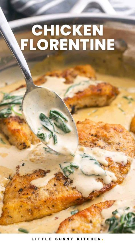 Creamy Chicken Florentine with spinach and parmesan is a one-skillet meal that will be on the table in less than 30 minutes! Chicken A La Florentina, Crusted Chicken Romano, Creamy Chicken Florentine, Homemade Chicken Parmesan, Creamy Chicken Dinner, Week Meals, Chicken Parmesan Meatballs, Little Sunny Kitchen, Italian Chicken Recipes