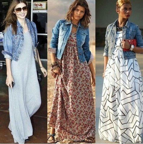 Maxi Outfits, Maxi Dress Outfit, Denim Jacket With Dress, Trendy Dress Outfits, Style Maxi Dress, Denim Jackets, Primavera Estate, Moda Fashion, Fashion Sense