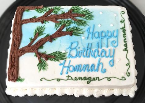 Tree Cakes Birthday, Piping Trees On Cake, How To Make Pine Trees For Cakes, Forest Sheet Cake, Buttercream Birch Tree Cake, Simple Tree, Birthday Sheet Cakes, Green Cake, Tree Cake