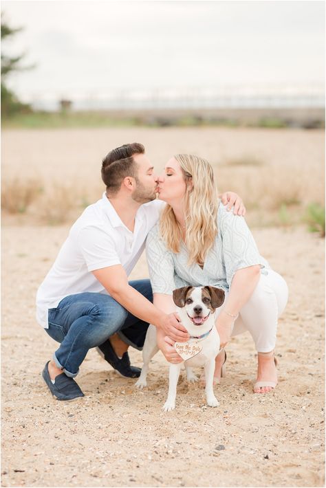 engagement photos with dog photographed by NJ wedding photographer Idalia Photography | Barnegat Lighthouse engagement session at Long Beach Island with LBI photographer Idalia Photography #idaliaphotography #NJengagementsession #newjersey #engagementsession Engagement Photos With Dog, Barnegat Lighthouse, Photos With Dog, Long Beach Island, Dog Photograph, Beach Island, Engagement Pics, Nj Wedding, High School Sweethearts