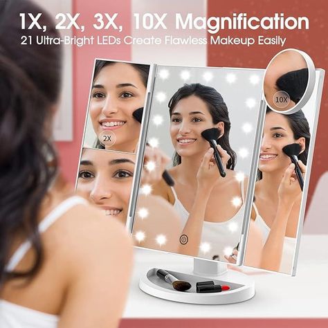 Vanity Mirror with Lights, Lighted Makeup Mirror with 2X 3X 10X Magnification, 21 LED Trifold Compact Touch Dimming Light Up Mirror, Dual Power Supply, Gifts for Women (White) Lightweight Cosmetic Color Light Up Mirror, Vanity Mirror With Lights, Lighted Makeup Mirror, Mirror Words, Portable Mirror, Beauty Mirror, Mirror Vanity, Magnifying Mirror, How To Apply Eyeliner