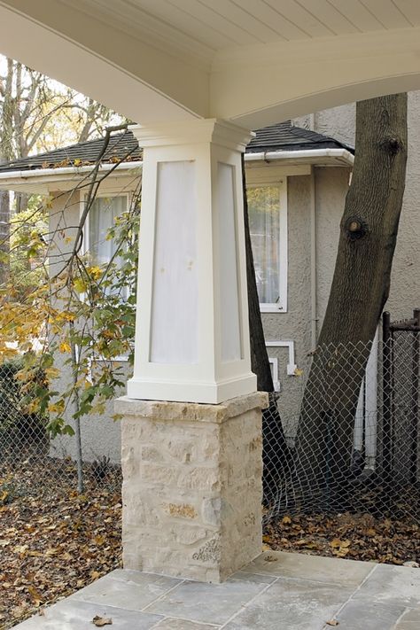 Tapered Column Over Stone - WindsorONE Stone Column Wrap Porch Posts, Wood Wrapped Columns, Hamptons Porch, Tapered Porch Columns With Stone, Stone Piller Design Columns, Marble Pillars Columns, Front Porch Pillars, Craftsman Columns, Porch Pillars