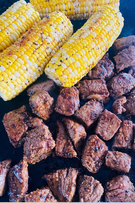 steak bites and corn on the griddle Steak Bites On Blackstone, Blackstone Steak Bites, Blackstone Steak, Pork Dinners, Blackstone Grill, Griddle Recipes, Flat Top Grill, Pork Dinner, Blackstone Griddle