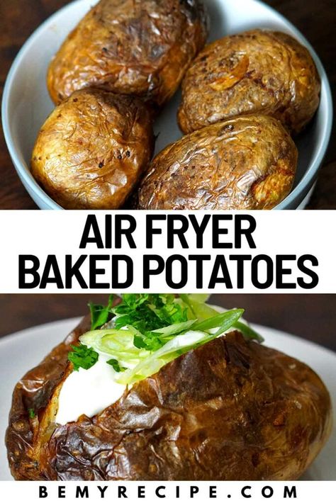 Air-Fryer Baked Potatoes (Crispy on the Outside and Fluffy on the Inside) Air Fryer Baked Potato For One, Baked Potatoes In The Air Fryer, Baked Potatoes In Air Fryer, Salted Baked Potato, Baked Potato Toppings, Potatoes Crispy, Air Fryer Baked Potato, Large Air Fryer, Making Baked Potatoes