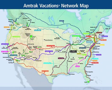 See Amazing Sights On The Train To The Best National Parks | Amtrak Vacations Cross Country Train Trip, Train Travel Usa, Amtrak Train Travel, Amtrak Travel, Cross Country Training, Train Vacations, Train Trips, Train Map, 60th Bday