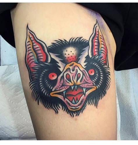 Traditional Bat Head Tattoo, Bat Traditional Tattoo, Bat Head Tattoo, American Traditional Bat Tattoo, Traditional Bat Tattoo, Tattoo Under Chest, Bat Head, Bats Tattoo Design, Moth Tattoo Design