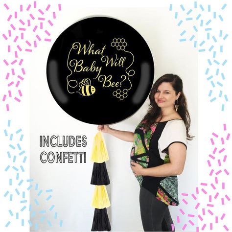 Gender Reveal Balloon Ideas, What Will Baby Bee, Bee Balloon, Baby Shower Unique, What Will It Bee, Unique Baby Announcement, Confetti Gender Reveal, Bee Gender Reveal, Blue Confetti