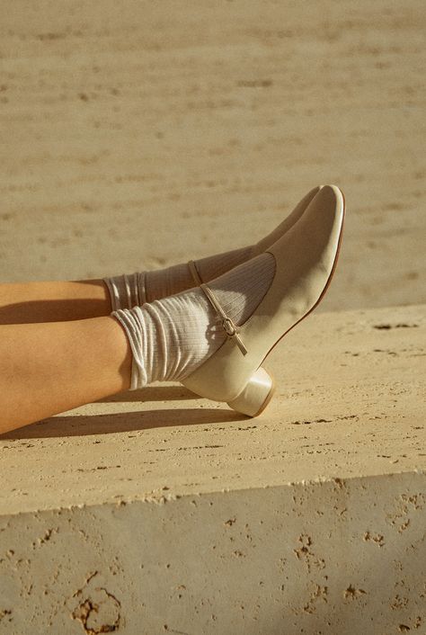 Beige Mary Janes Outfit, Mary Jane Shoes With Socks, Socks With Mary Janes, Socks And Mary Janes, Mary Jane With Socks, White Mary Jane Shoes Outfit, Summer White Ankle Strap Mary Janes, Sheer Socks With Mary Janes, Mary Jane Shoes Ankle Socks