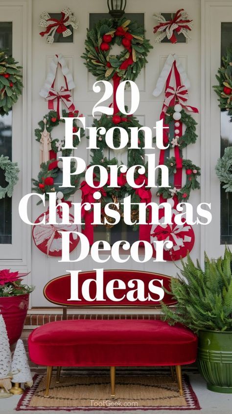 Elegant Christmas Porch Decor, Front Porch Bench Christmas Decor, Front Porch Window Christmas Decor, Outdoor Winter Porch Decor, Front Porch Christmas Garland Ideas, Christmas Bench Ideas Front Porches, Outside Christmas Decorations Porch, Vintage Sled Christmas Decor, Small Porch Christmas Decor Ideas