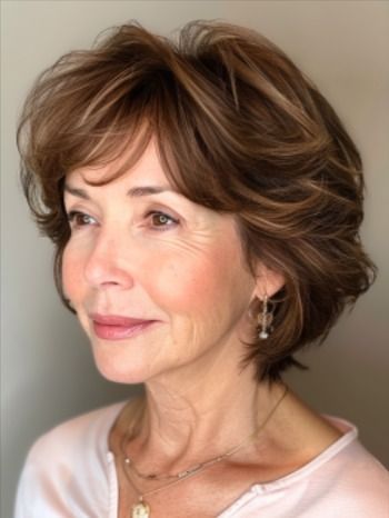 Short haircut with wispy bangs for women over 50 Short Brown Wig, Wispy Fringe, Layered Wigs, Easy Hair Cuts, Layered Haircuts For Medium Hair, Short Brown Hair, Chin Length Hair, Hairstyles For Women Over 50, Hairdos For Short Hair