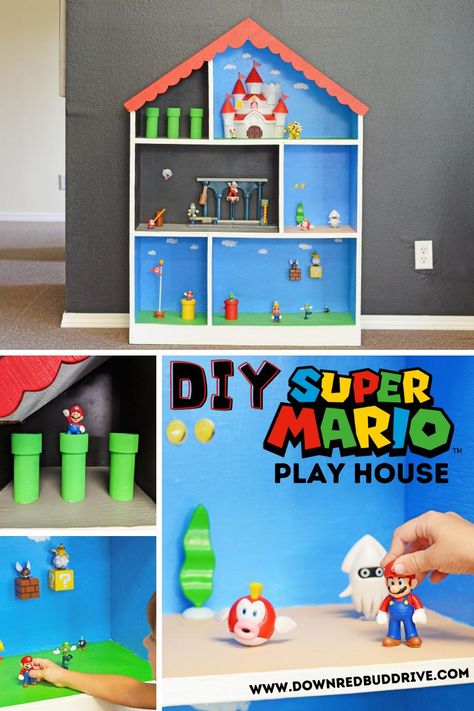 Make your very own DIY Super Mario Play House with this easy to follow tutorial! Turn something old into something new and awesome!  DIY Super Mario Play House | Mario Play House | Mario Doll House | Super Mario Doll House | Super Mario DIY | Nintendo Play House | Down Redbud Drive #supermario #diyplayhouse #supermarioplayhouse #diydollhouse #mariodollhouse #diy Super Mario Bros Doll House, Mario Playset Diy, Super Mario Doll House Diy, Mario Brothers Room Ideas, Diy Super Mario Dollhouse, Diy Mario Dollhouse, Super Mario Diy Crafts, Super Mario House Diy, Mario Doll House