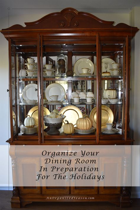 Diningroom China Cabinet, Organizing China Cabinet Display, How To Arrange China Cabinet Display, Dining Cabinets, Dining Room China Cabinet, Cabinet Styling, Built In Buffet, Orange Curtains, China Storage