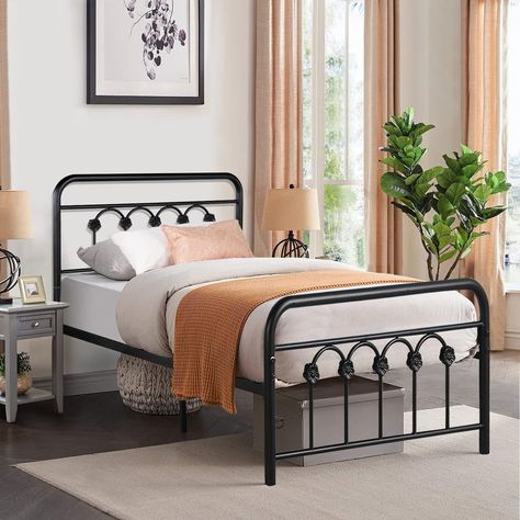 Modern Metal Bed, Floating Headboard, Bed Frame Platform, Mid Century Bed, Black Metal Bed, Brown Nightstands, Black Bed Frame, Steel Bed Frame, Bed Frame Design