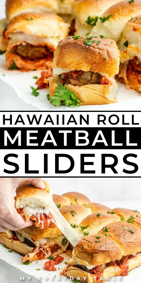 meatball sliders on Hawaiian rolls Mini Meatball Sandwich Recipes, Delicious Slider Recipes, Easy Meatball Subs Sandwiches, Meatball And Hawaiian Rolls, Mini Meatball Parm Sliders, Marinara Dinner Ideas, Diy Hawaiian Rolls, Meatball Sub Hawaiian Rolls, Dinner Ideas Hawaiian Rolls