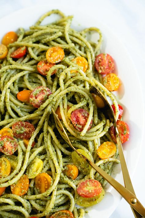 Pesto Pasta (with Homemade Pesto!) – A Couple Cooks Pesto Pasta With Tomatoes, Fresh Basil Pesto Recipe, Pesto Basil, Cashew Pesto, Pasta With Tomatoes, Vegan Pesto Pasta, Basil Pesto Pasta, Pesto Sauce For Pasta, Cashew Recipes