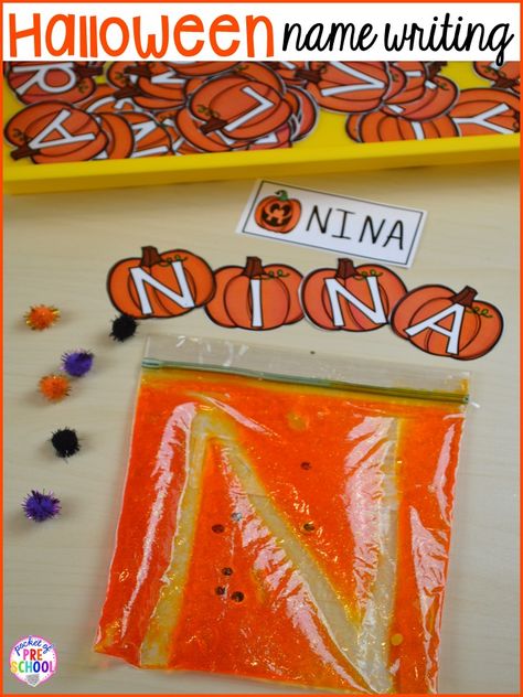 Halloween Activities and Centers for Preschool, Pre-K and Kindergarten - Pocket of Preschool Pumpkins With Letters Printable, Fall Name Practice Preschool, Pre K Halloween Games, Centers For Preschool, Pumpkins Preschool, Halloween Literacy, Pocket Of Preschool, Halloween Activities Preschool, Halloween Centers