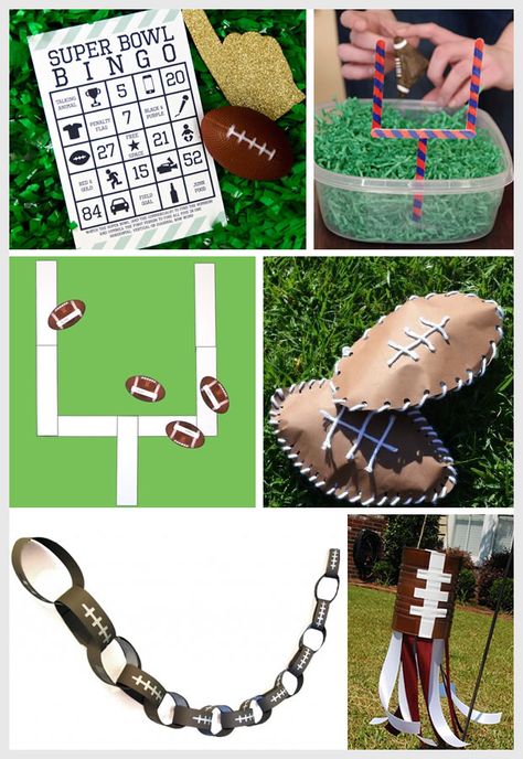 1. Superbowl Bingo | 2. "Score It!" Math Game 3. Wall Football Game | 4. Stuffed Paper Footballs 5. Football Paper Chain | 6. Football Windsock Looking for some fun activities to keep your little o... Superbowl Activities, Party Crafts For Kids, Super Bowl Crafts, Super Bowl Kids, Super Bowl Activities, Super Bowl Bingo, Football Activity, Paper Chain, Video Motivation