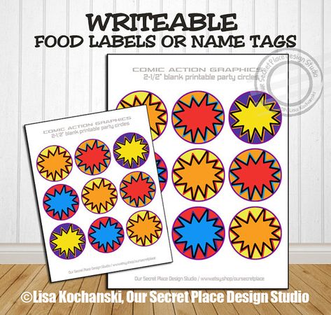 Superman Name Tag Template, Avengers Name Tag, Superhero Word Bubbles Free Printables, Superhero Labels Printable Free, Superhero Name Tags, Superhero Labels, Superhero Themed Party, Superhero Balloons, Food Label Sticker