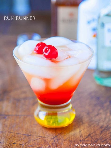 Rum Runner - Smooth, refreshing & after a few sips you'll feel like you're on a tropical vacation! They go down so easily! Rum Runner Recipe, Rum Runner, Malibu Drinks, Easy Alcoholic Drinks, Averie Cooks, Malibu Rum, Captain Morgan, Bachelorette Party Games, Tropical Drink