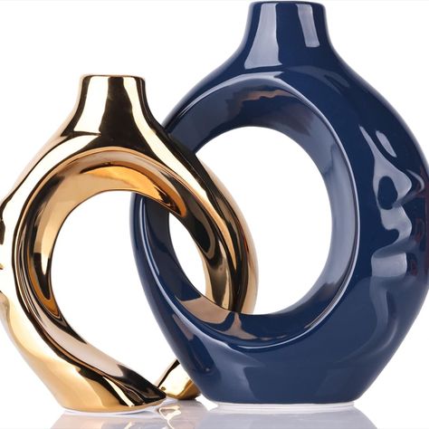 Ceramic Donut Hollow Vase Set of 2 for Home Decor, Blue and Golden Modern Nordic Vases Minimalist Decorative Vase for Table Centerpiece Décor Living Room. Center Piece For Dining Table, Vase For Pampas, Minimalist Centerpiece, Dining Room Table Centerpiece, Donut Vase, Minimalist Vase, Nordic Vase, Cobalt Blue Vase, Dining Room Table Centerpieces